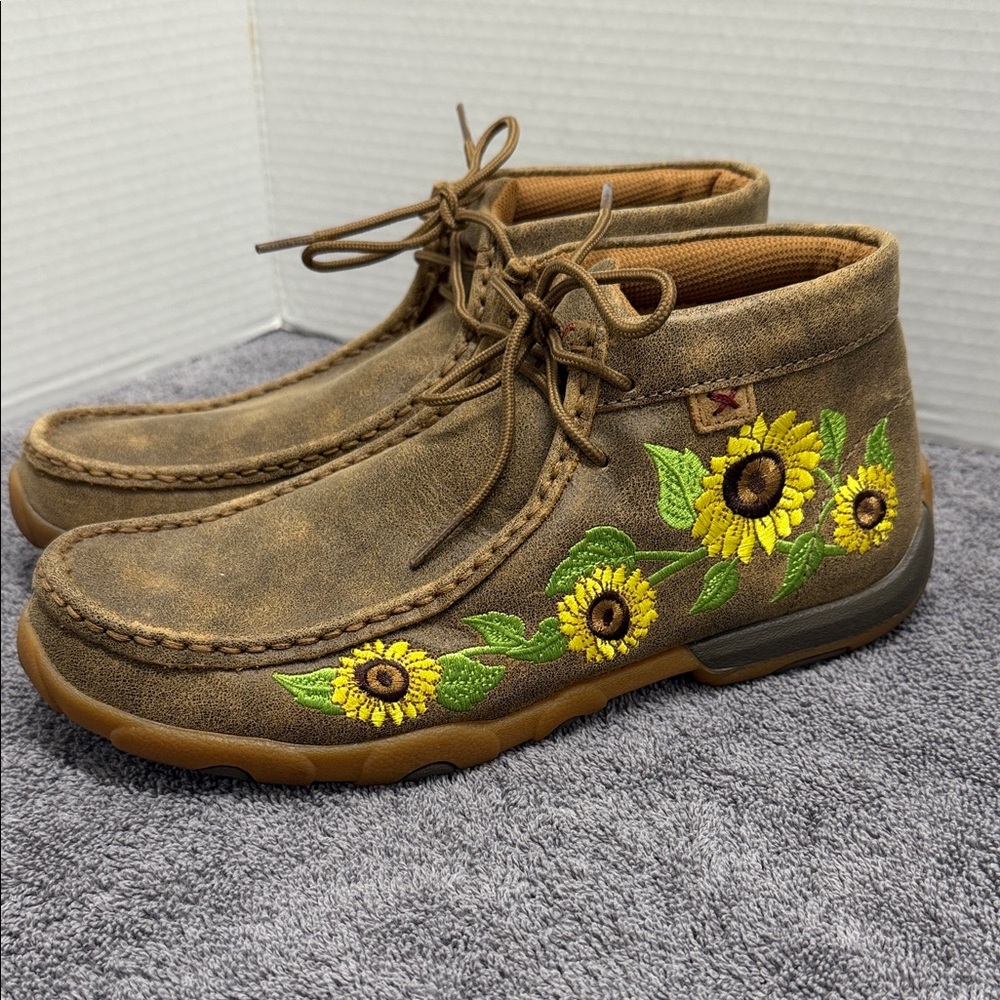 Twisted X Brown Leather Moccasin Boots with Yellow Sunflower Embroidery